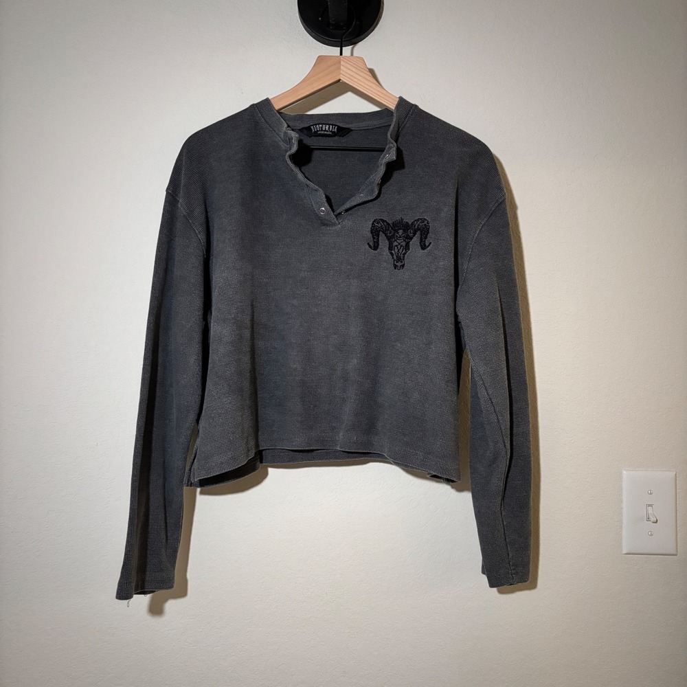 Disturbia Top Ram Skull Henley 10 Waffle Knit Grey Goth Grunge Alternative